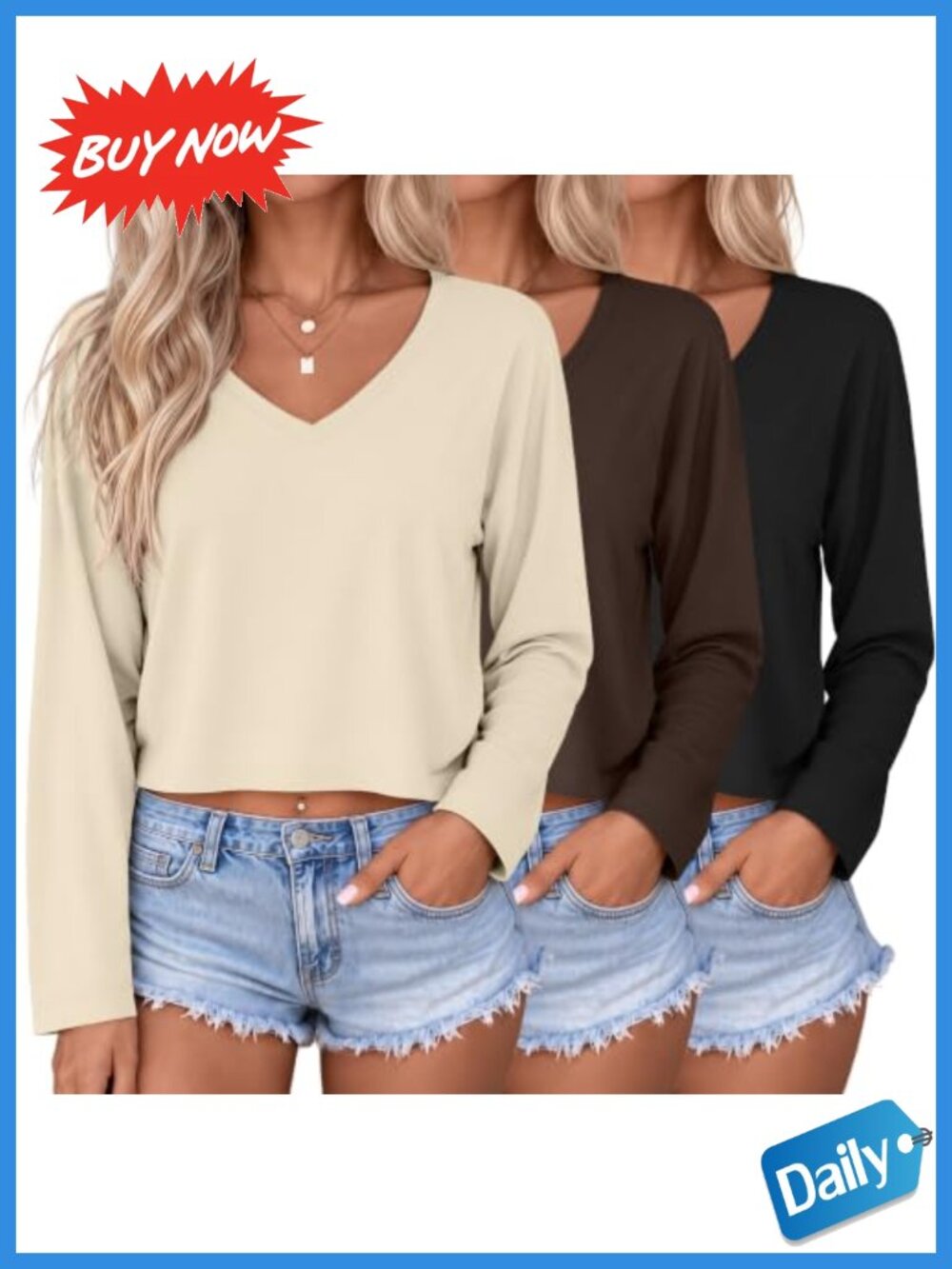 3 Pack Women V Neck Crop Tops Long Sleeve Basic Tees